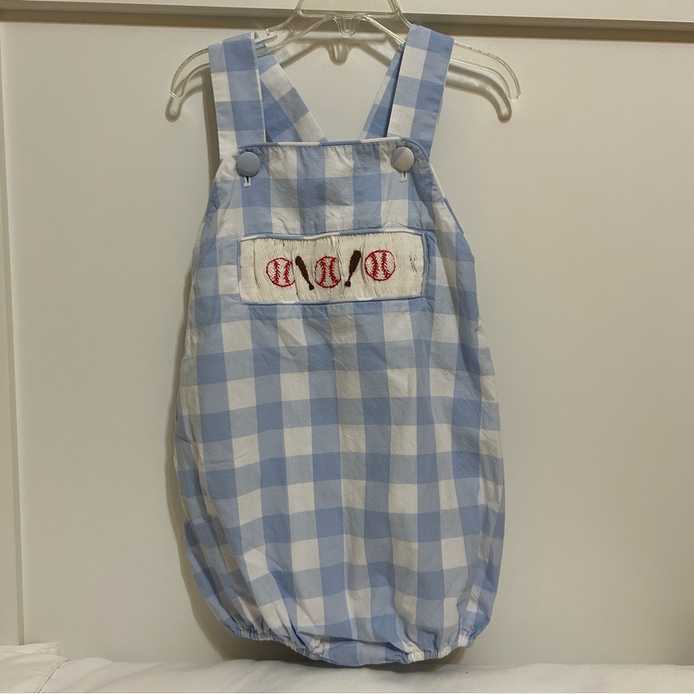 The Smocking Place Blue checked One Piece size 5 romper sports baseball ball bat